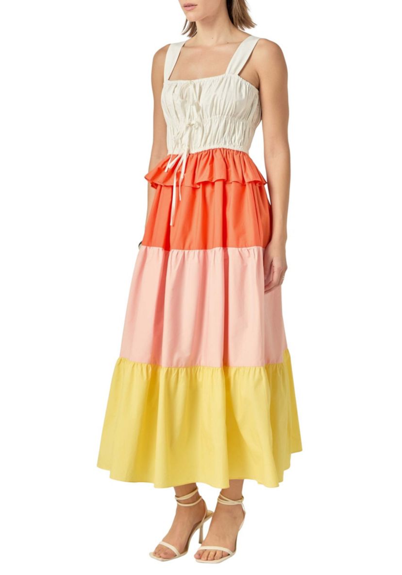 Color Block Tied Detail Shirring Dress