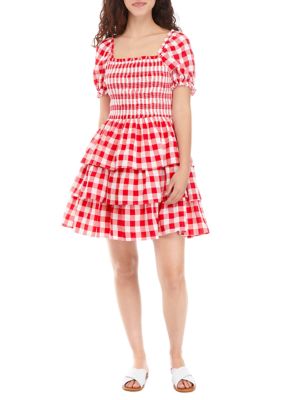 English Factory Women's Puff Sleeve Checker Print Smocked Tiered Dress