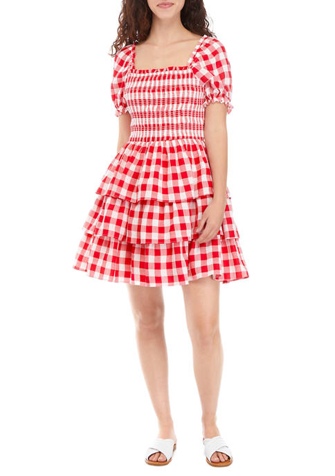 ENGLISH FACTORY Puff Sleeve Checker Print Smocked Tiered