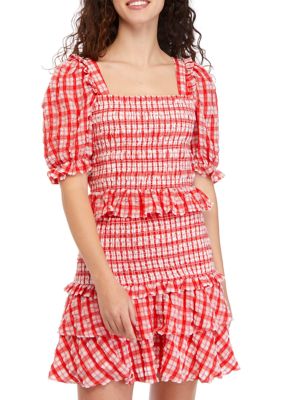 Puff Sleeve Square Neck Checkered Smocked Top