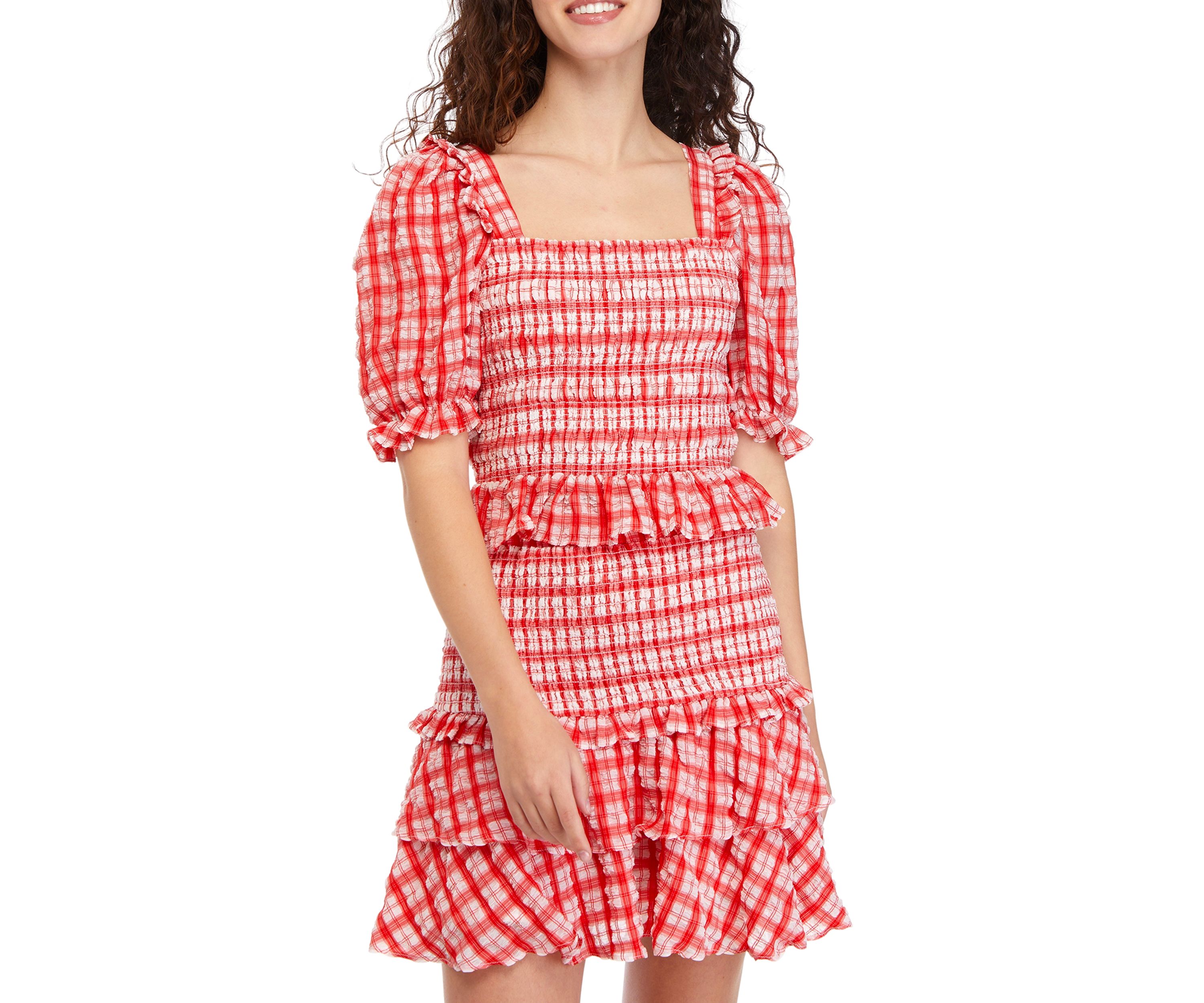 Puff Sleeve Square Neck Checkered Smocked Top 