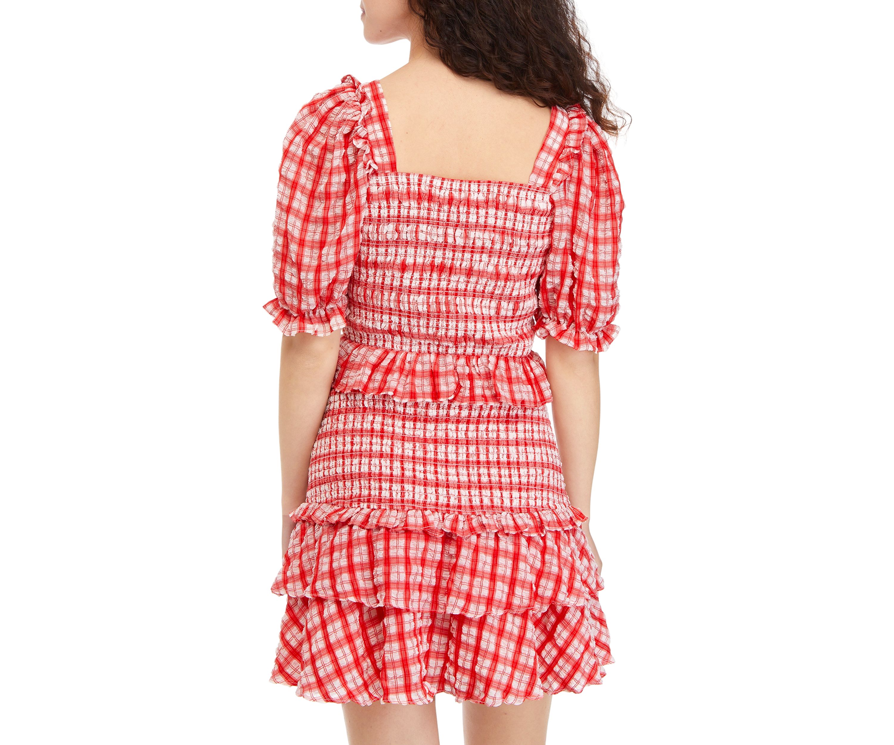 Puff Sleeve Square Neck Checkered Smocked Top 