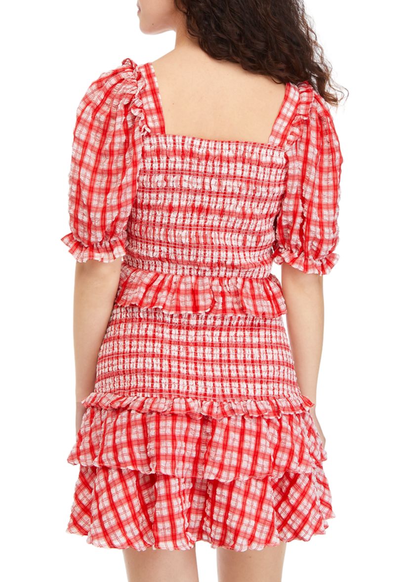 Puff Sleeve Square Neck Checkered Smocked Top 