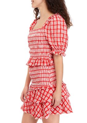 Puff Sleeve Square Neck Checkered Smocked Top