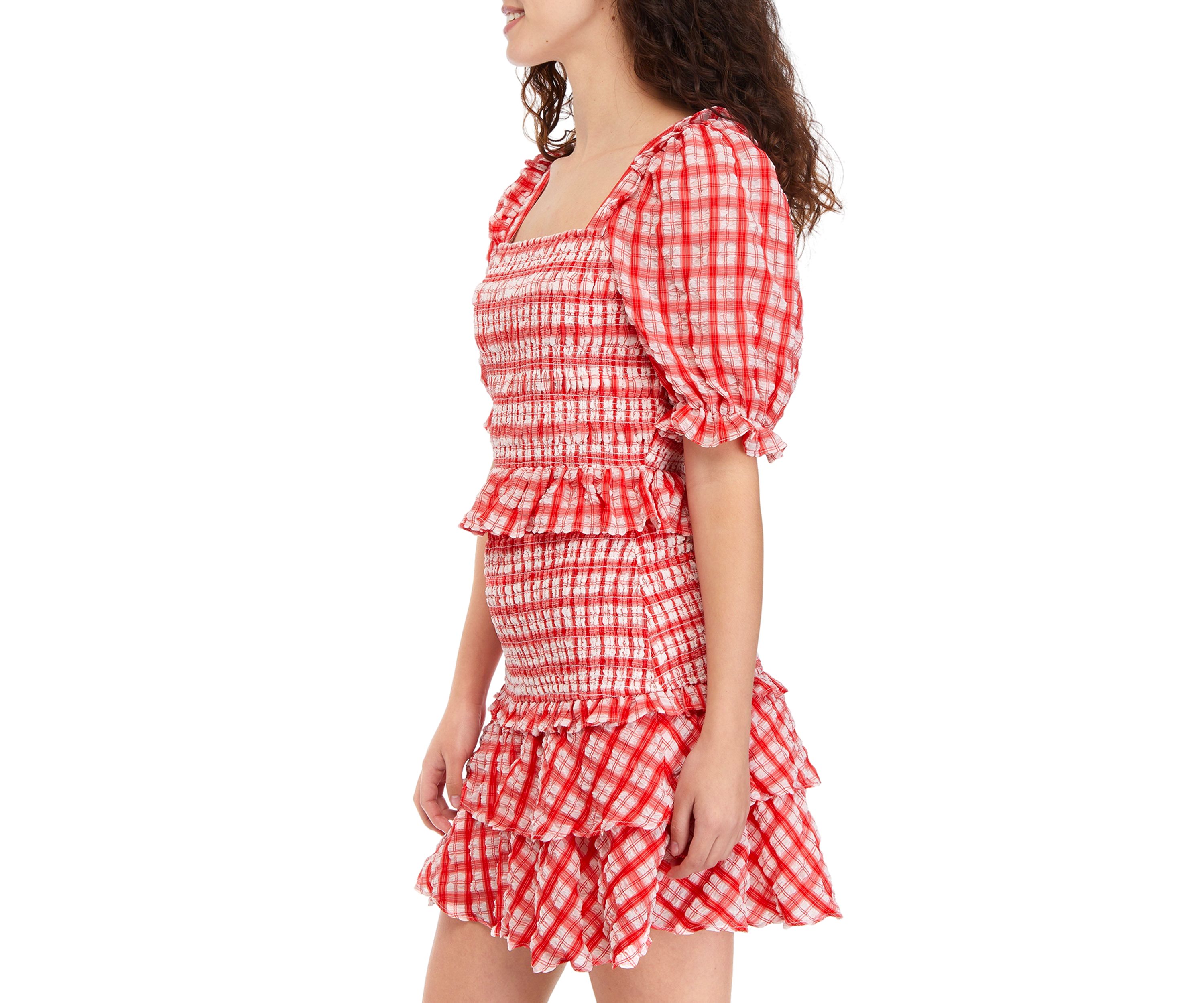 Puff Sleeve Square Neck Checkered Smocked Top 