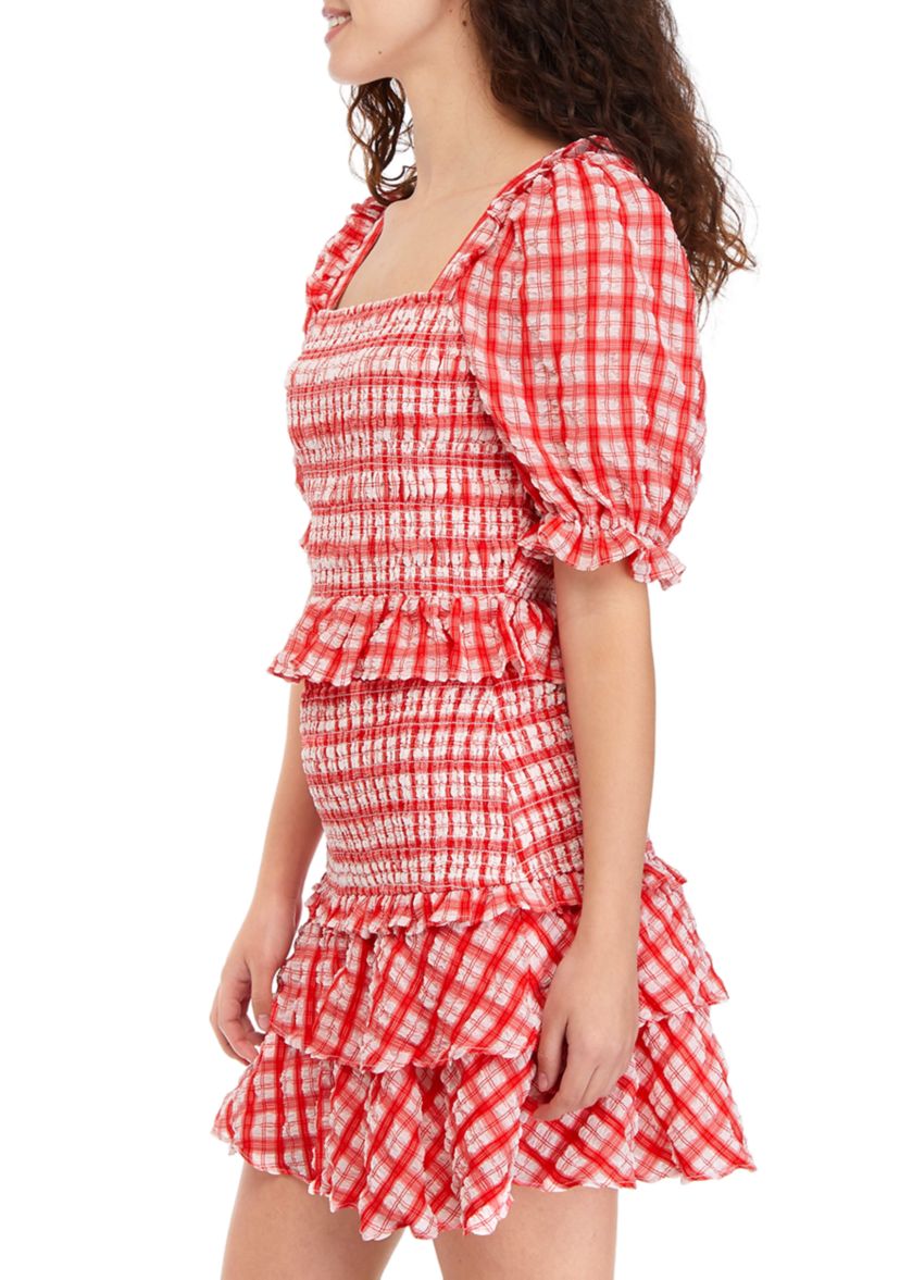 Puff Sleeve Square Neck Checkered Smocked Top 