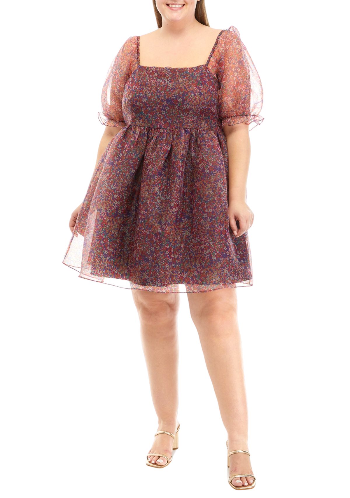 Plus Size Short Puff Sleeve Floral Mini Dress