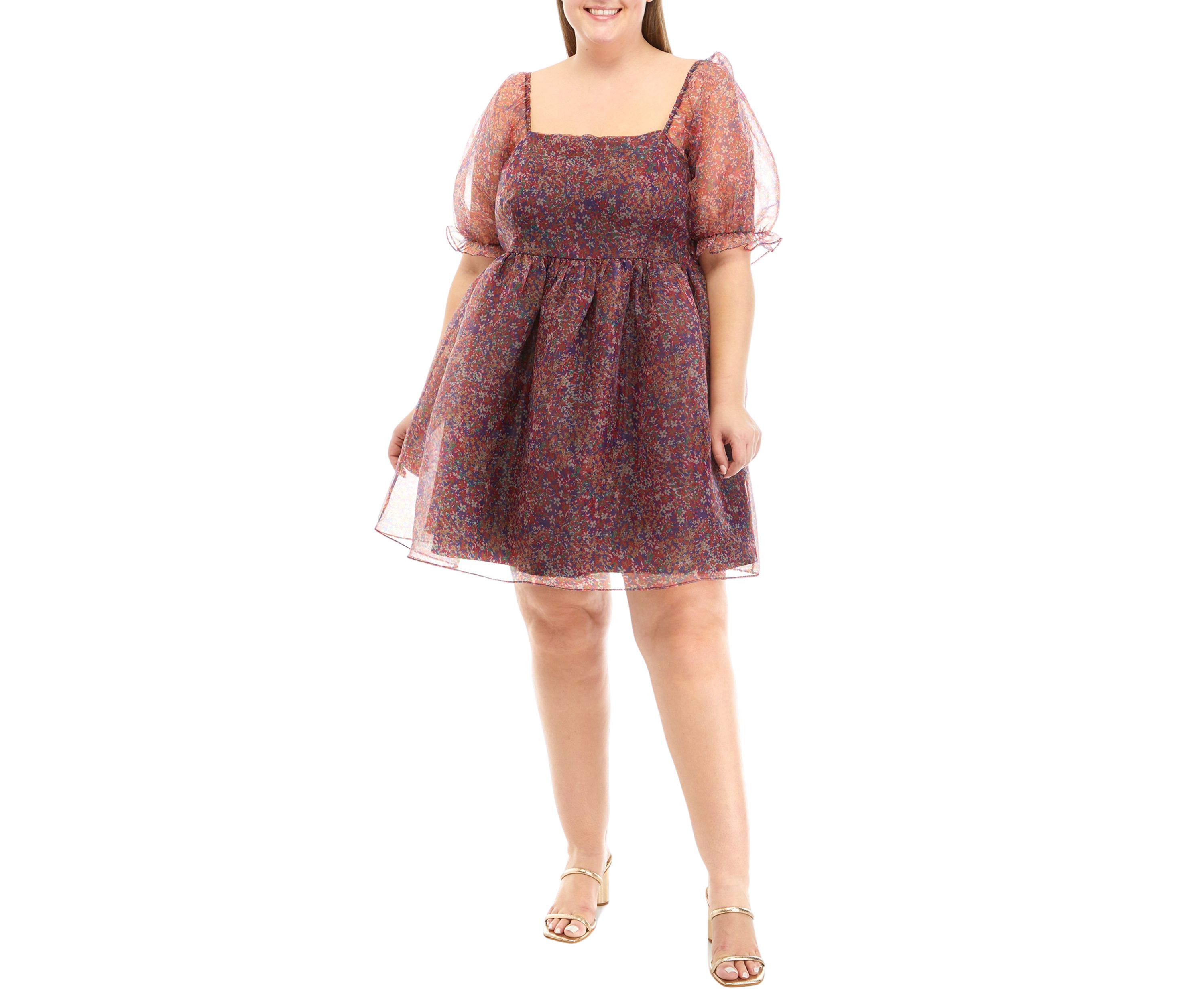 Plus Size Short Puff Sleeve Floral Mini Dress