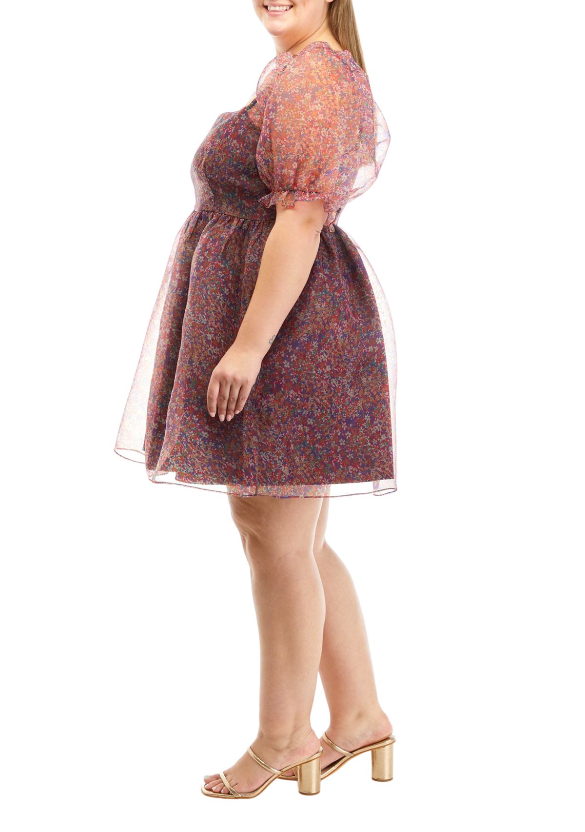 Plus Size Short Puff Sleeve Floral Mini Dress