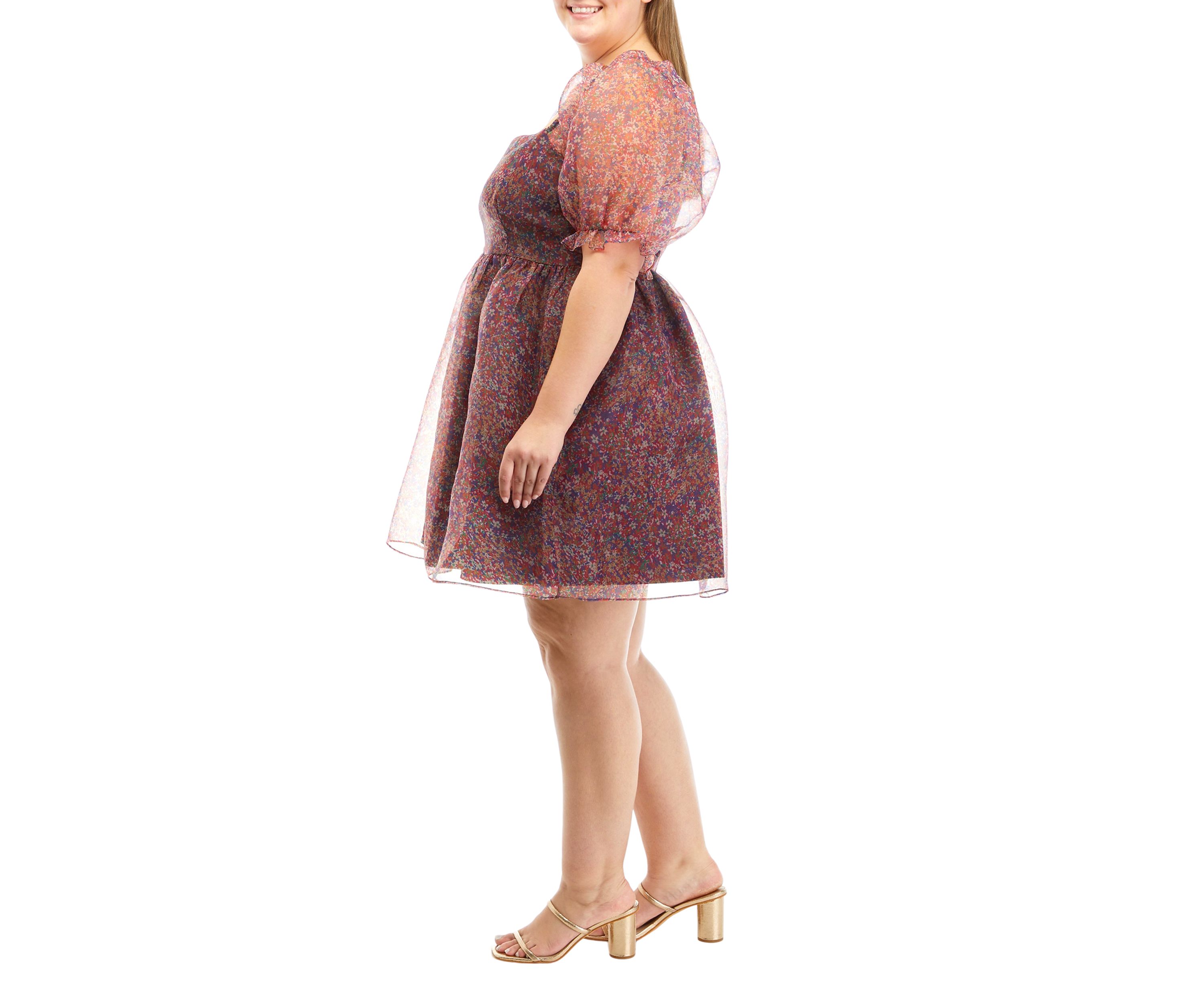 Plus Size Short Puff Sleeve Floral Mini Dress