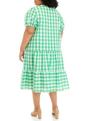 Plus Puff Sleeve Gingham Printed V-Neck Dress