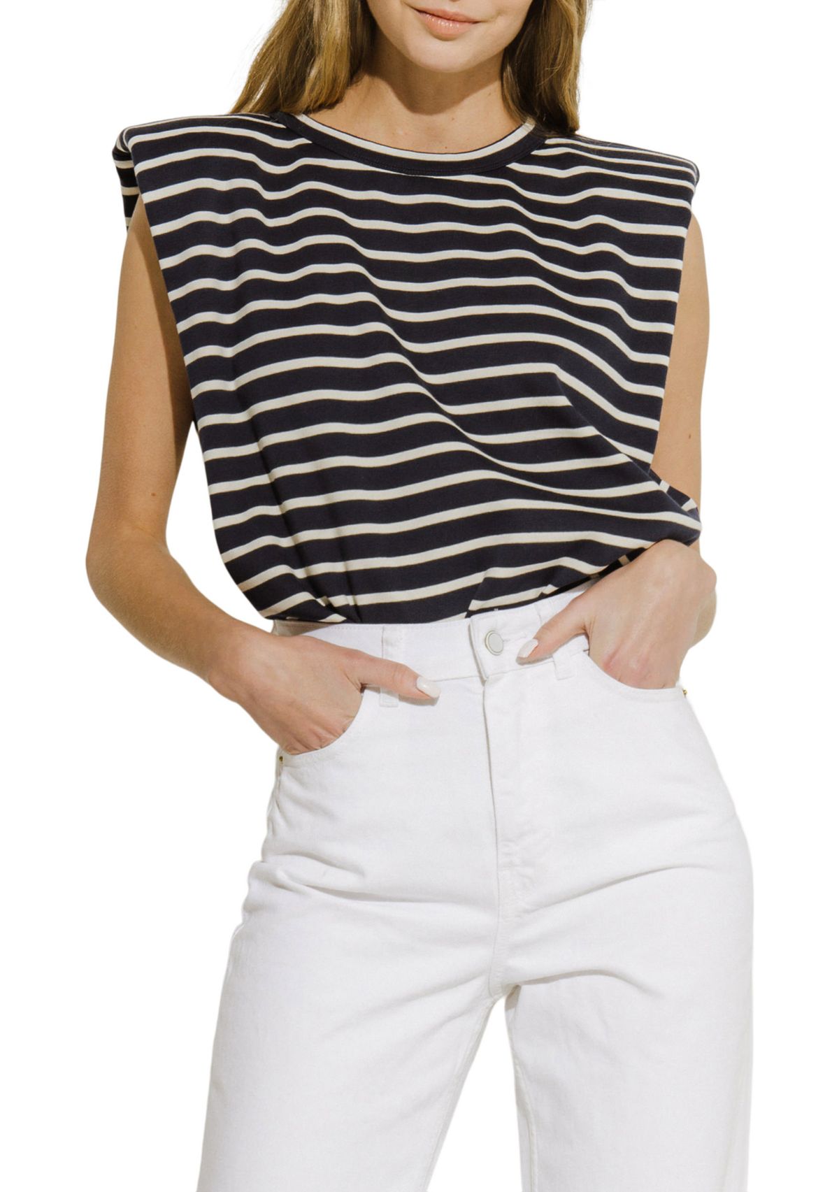 Womens Padded Shoulder Striped T-Shirt