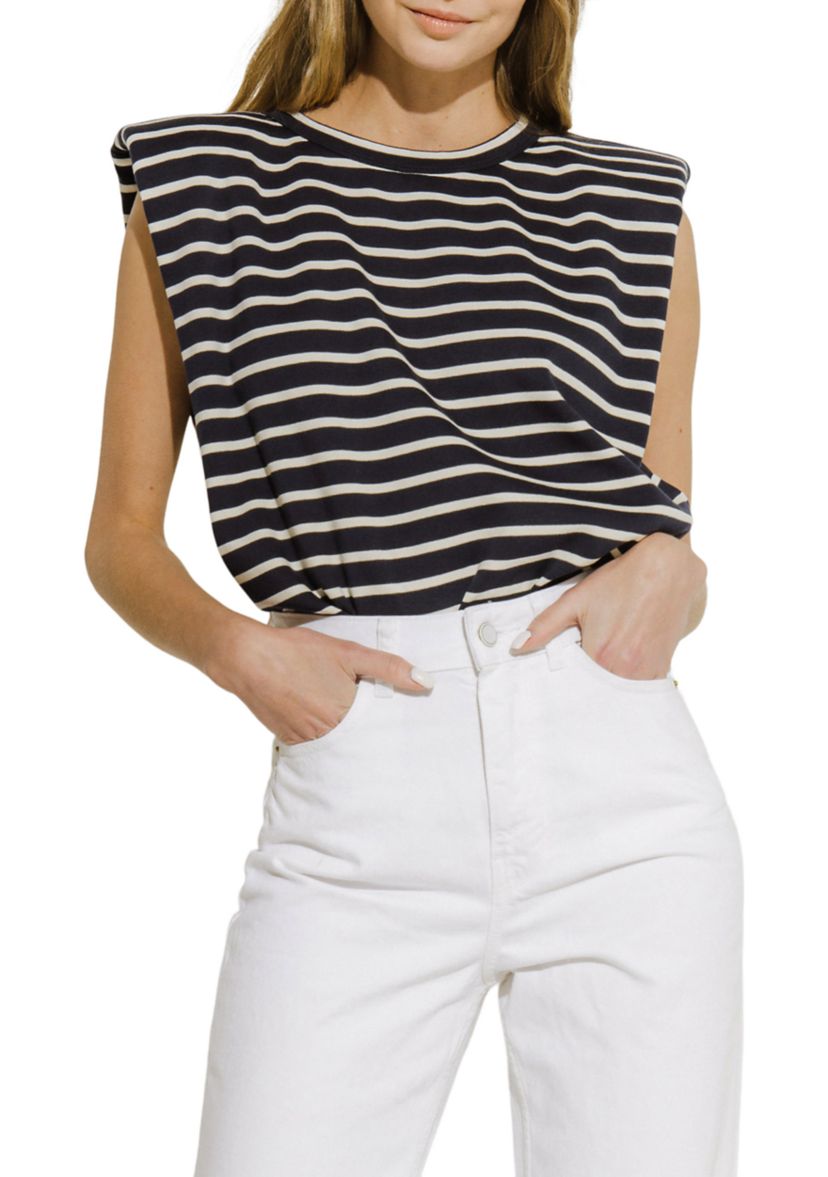 Womens Padded Shoulder Striped T-Shirt