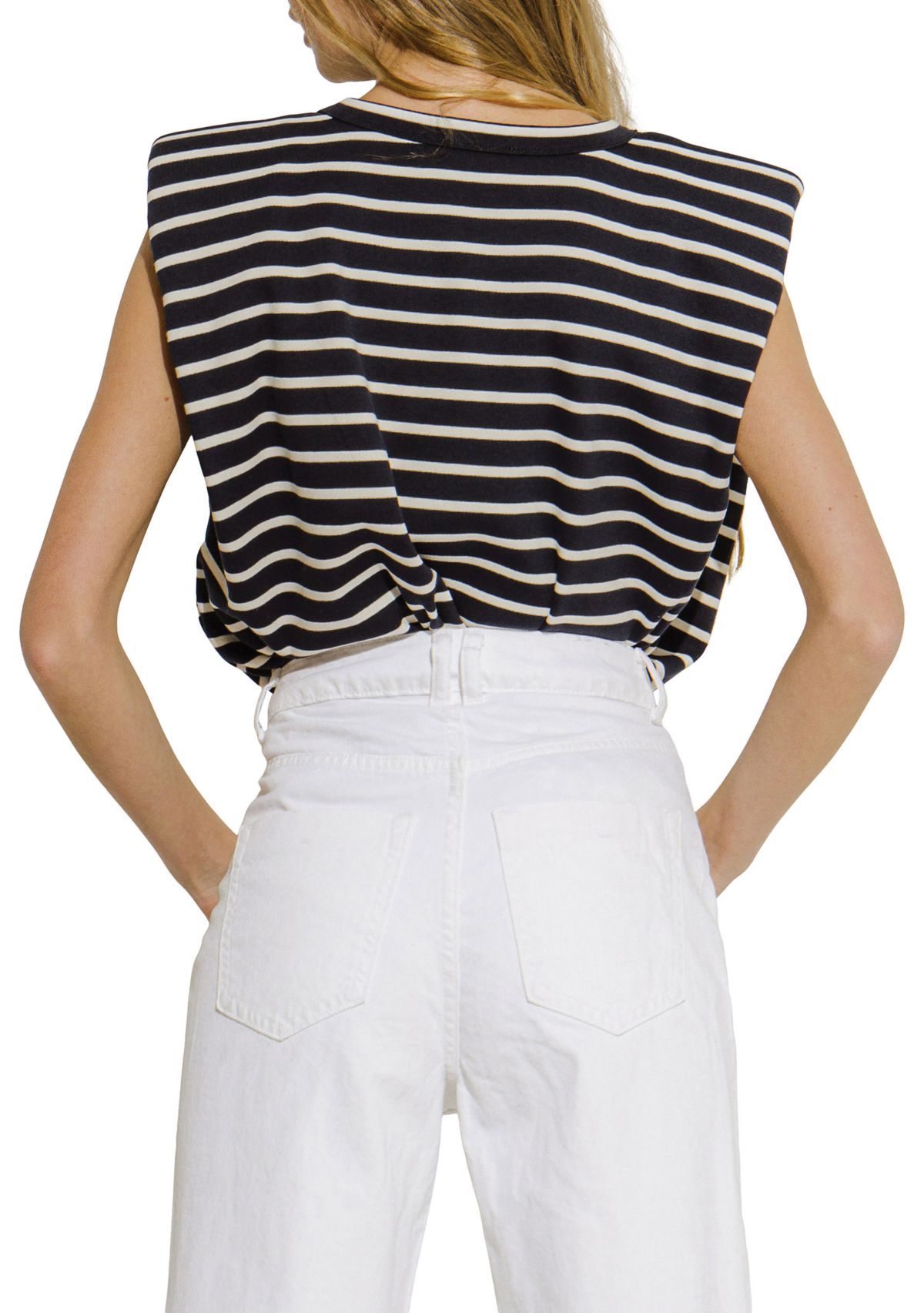 Womens Padded Shoulder Striped T-Shirt