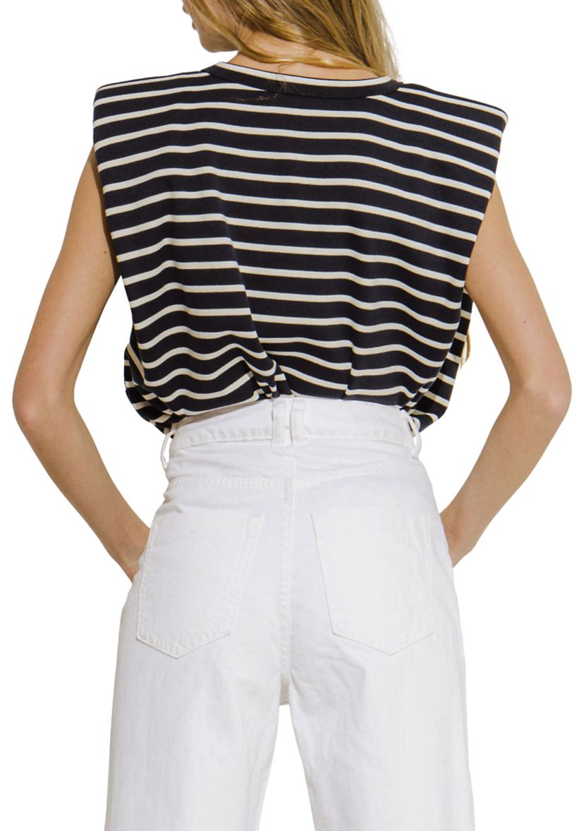 Womens Padded Shoulder Striped T-Shirt