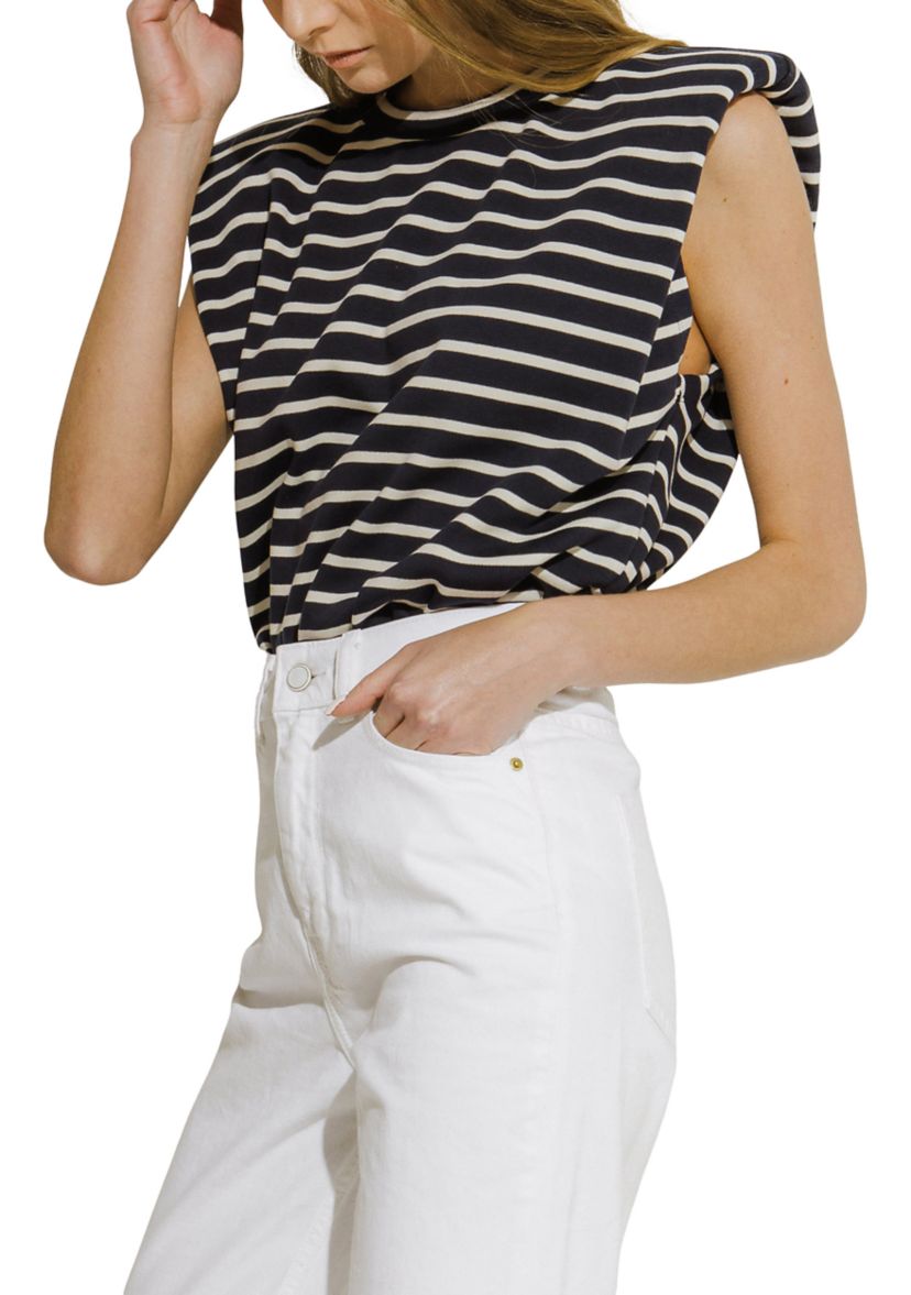 Womens Padded Shoulder Striped T-Shirt