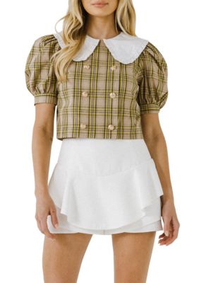 ENGLISH FACTORY Women's Oversized Collar Check Top, Medium