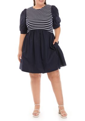 English Factory Women's Plus Size High Low Knit Combo Dress, Navy Blue -  0192934513043