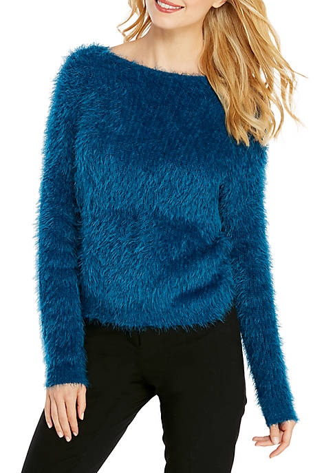 Solid Long Sleeve Fuzzy Sweater with Twist Detail