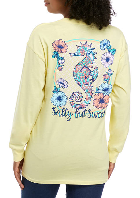 Juniors Long Sleeve Salty But Sweet Seahorse Graphic T-Shirt 