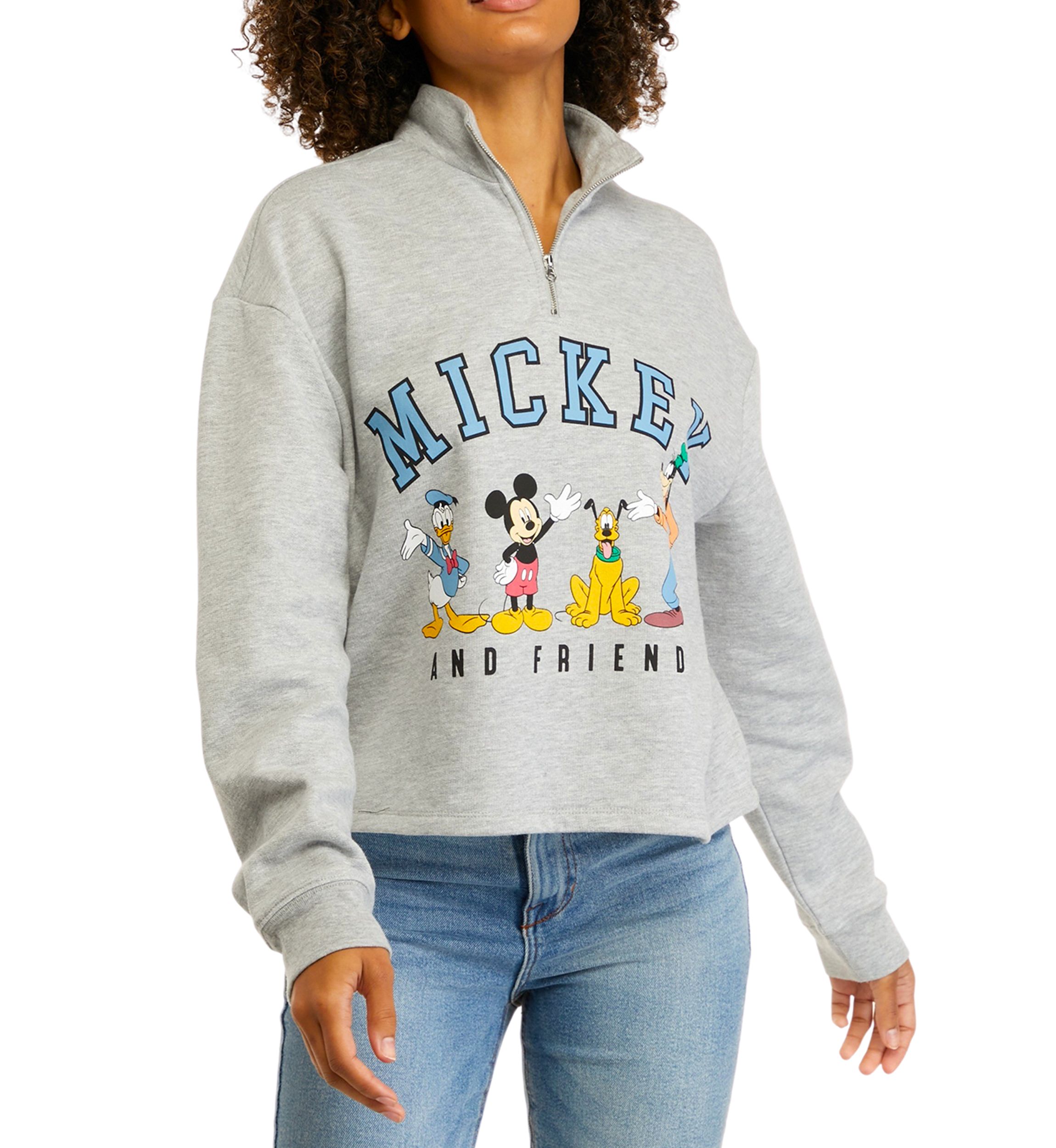 Juniors Long Sleeve Mickey Quarter Zip Mock Neck Graphic Sweatshirt