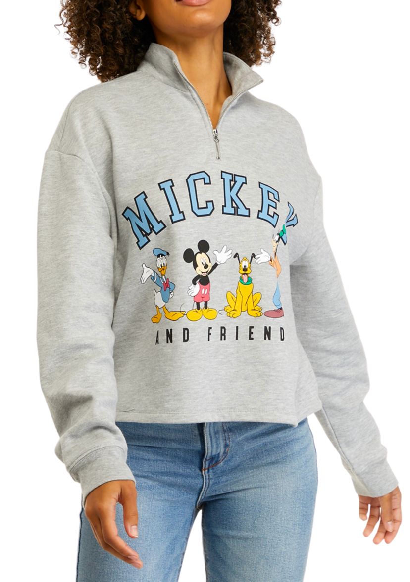 Juniors Long Sleeve Mickey Quarter Zip Mock Neck Graphic Sweatshirt