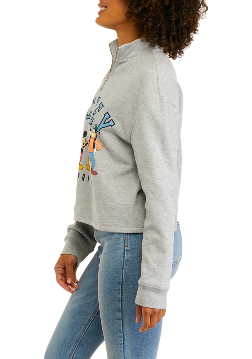 Juniors Long Sleeve Mickey Quarter Zip Mock Neck Graphic Sweatshirt