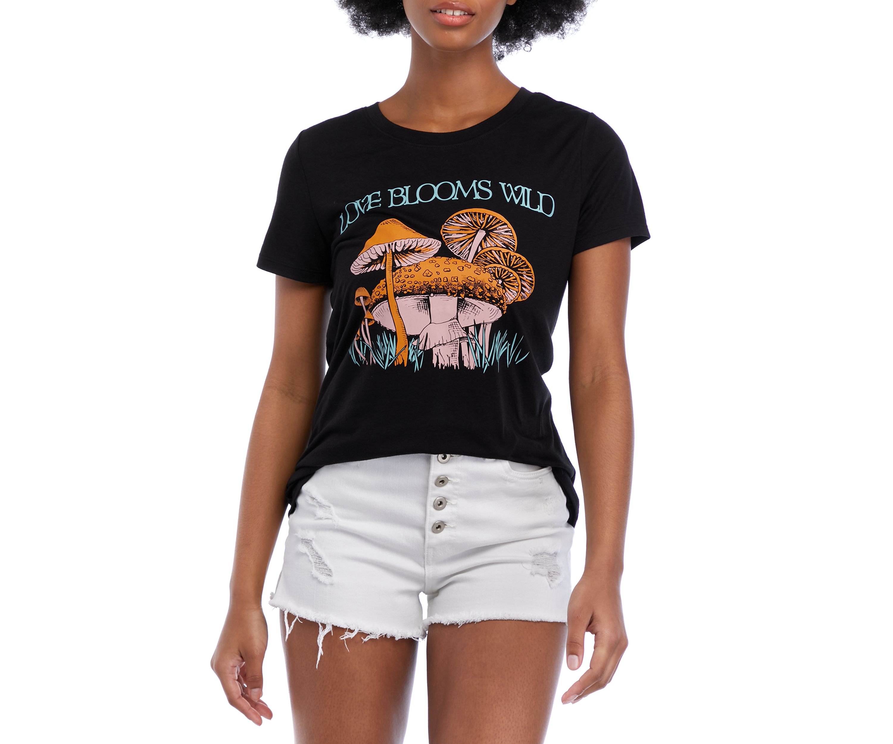 Juniors Short Sleeve Love Blooms Wild Graphic T-Shirt 