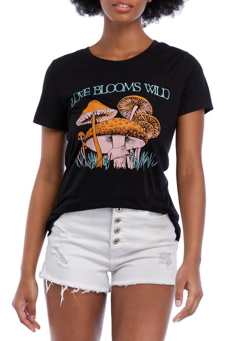 Juniors Short Sleeve Love Blooms Wild Graphic T-Shirt 