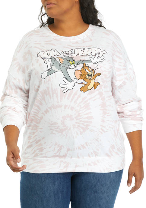 Plus Size Long Sleeve Fleece Tom and Jerry Graphic Sweatshirt 