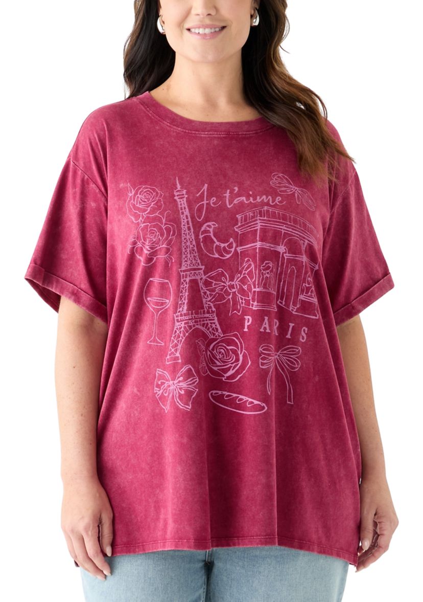 Plus Size Paris Bows Graphic Mineral Wash T-Shirt 
