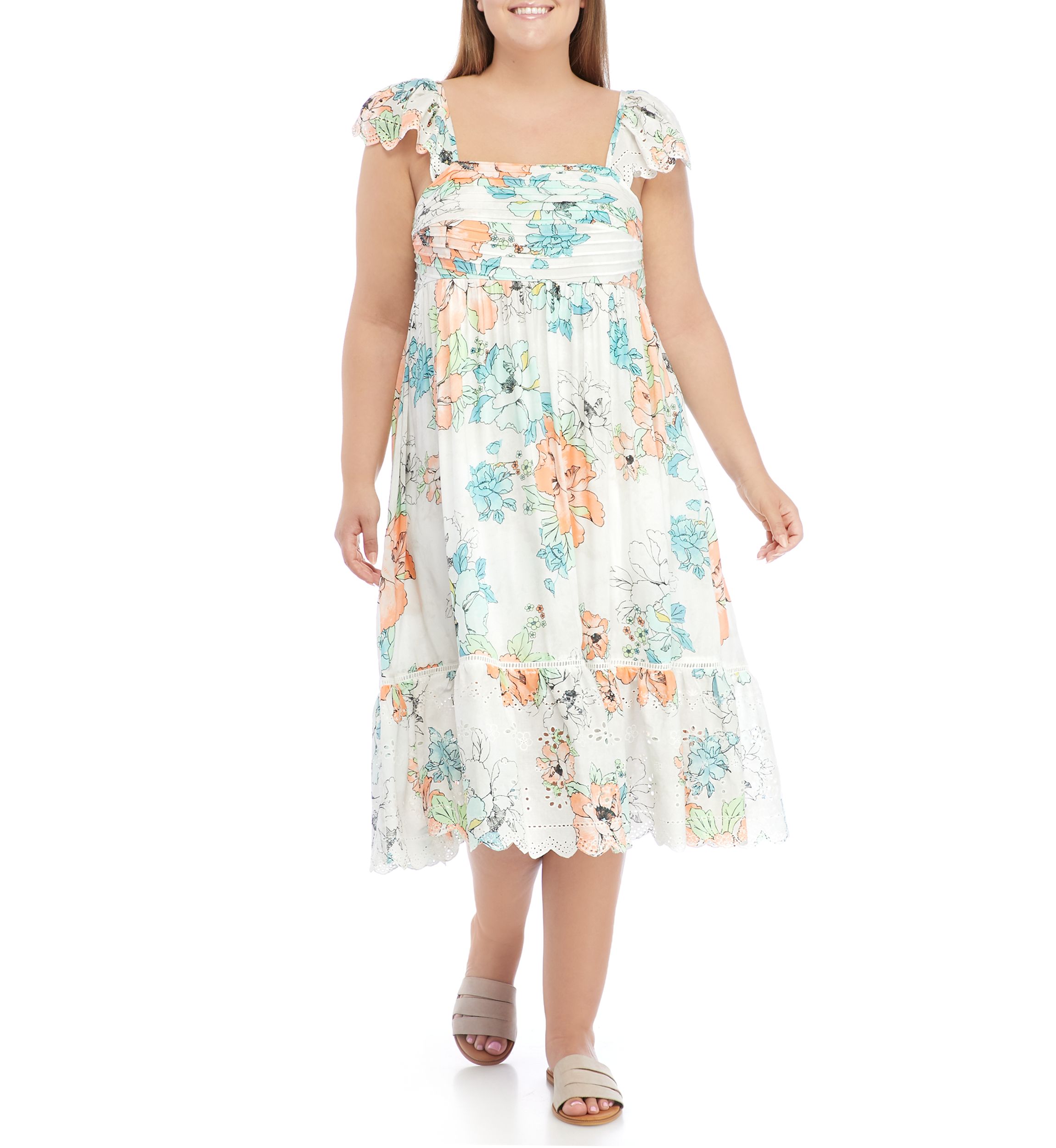 Plus Size Flutter Sleeve Square Neck Floral Midi Dress