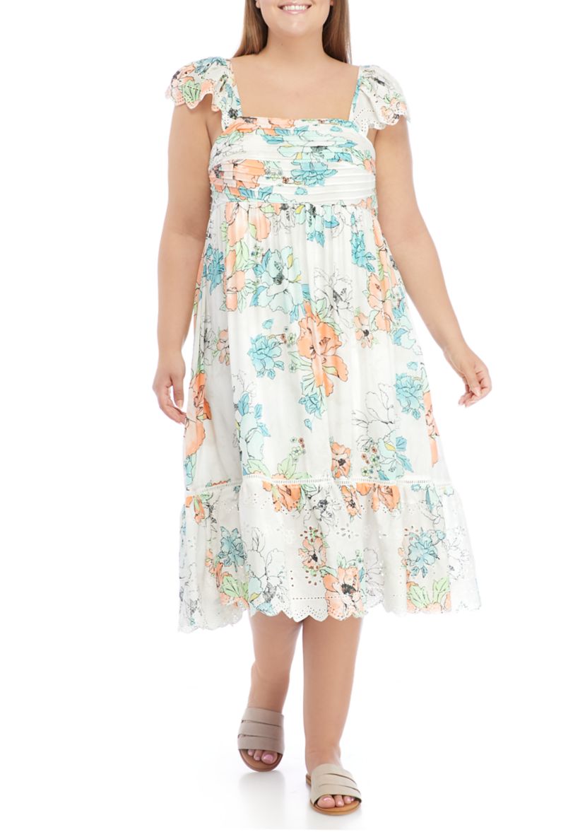 Plus Size Flutter Sleeve Square Neck Floral Midi Dress