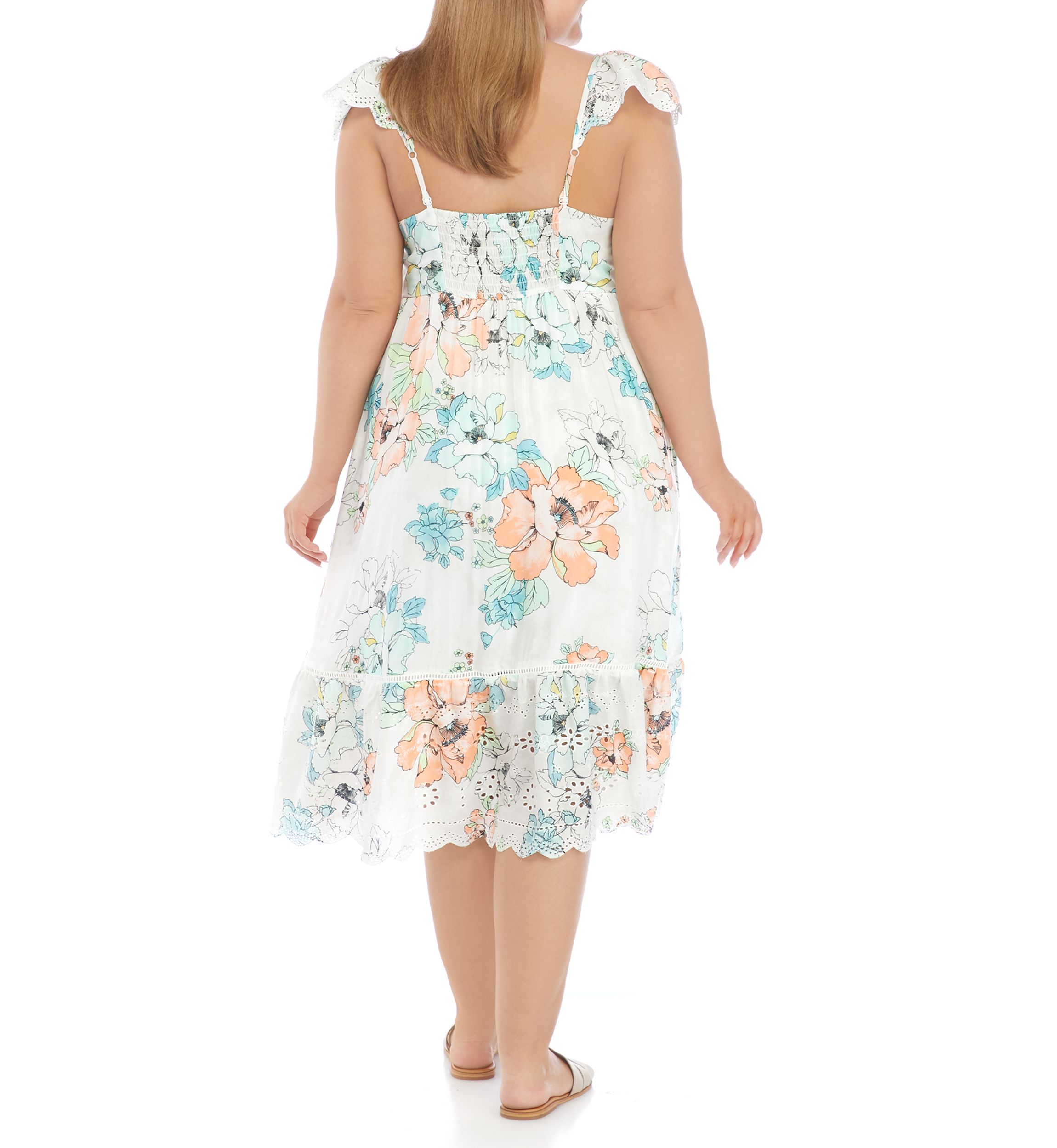 Plus Size Flutter Sleeve Square Neck Floral Midi Dress