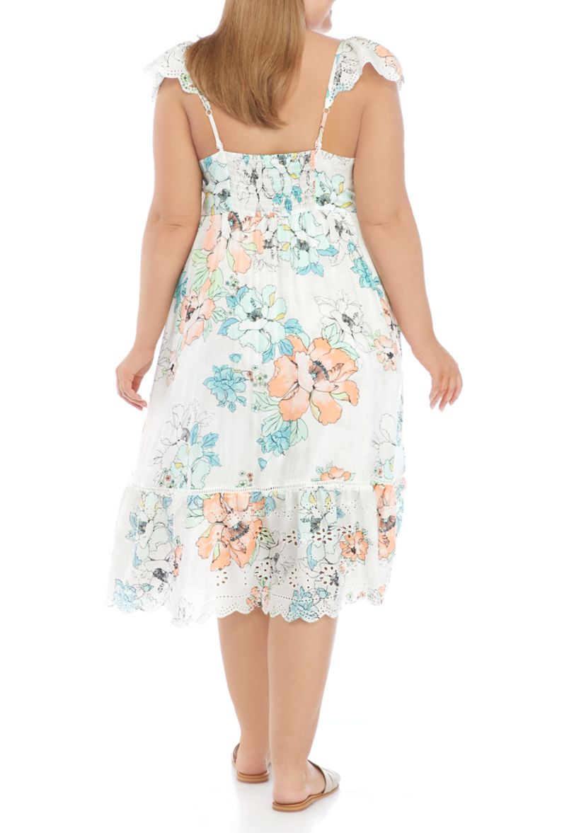 Plus Size Flutter Sleeve Square Neck Floral Midi Dress