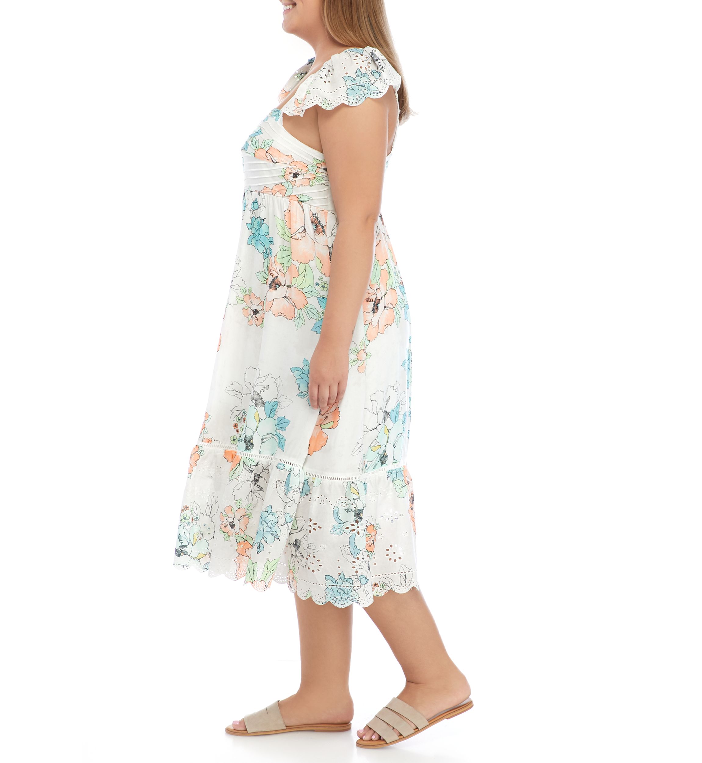 Plus Size Flutter Sleeve Square Neck Floral Midi Dress