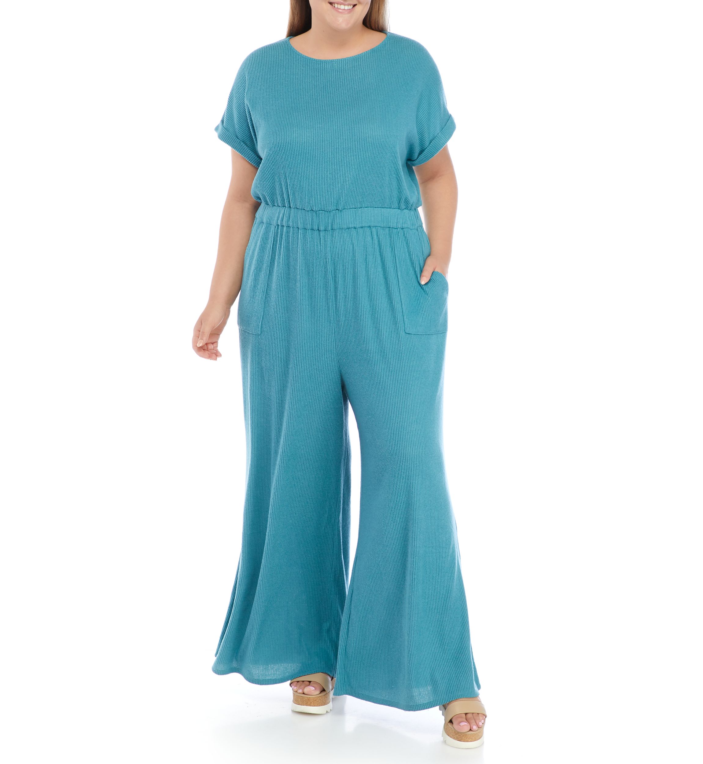 Plus Size Short Sleeve Ribbed Jumpsuit 