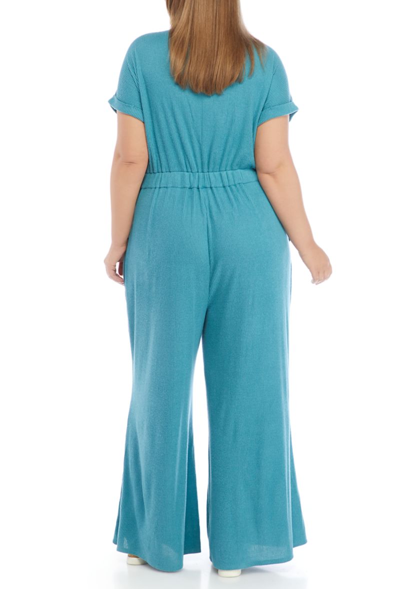 Plus Size Short Sleeve Ribbed Jumpsuit 