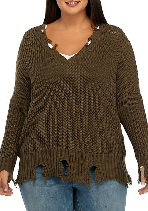 Wonderly Plus Size Destructed V-Neck Sweater | belk