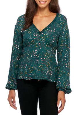 Wonderly Covered Button Long Sleeve Woven Top | belk