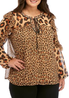 Wonderly Plus Size Ruffle Sleeve Animal Print Blouse | belk