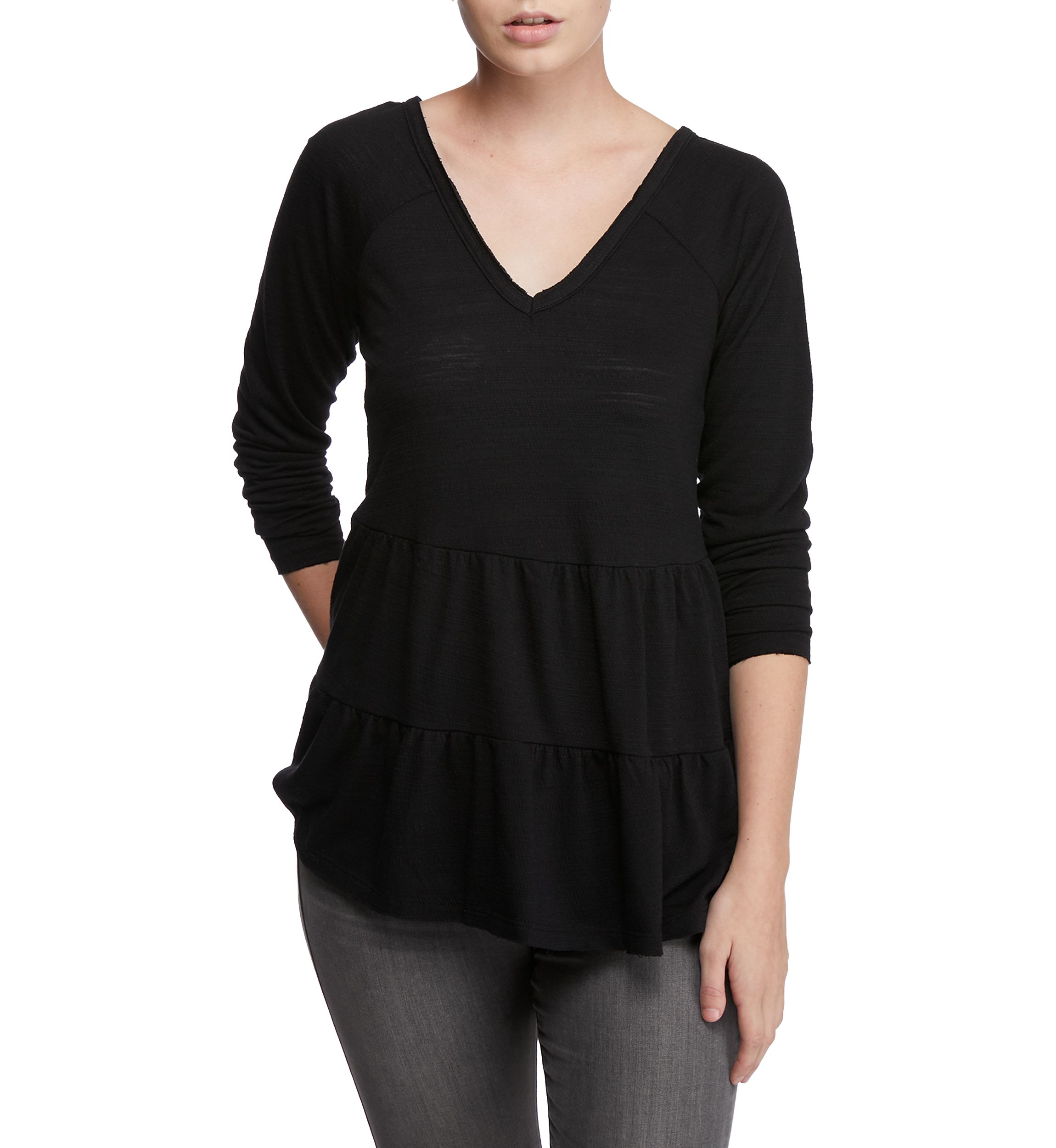 Juniors Long Sleeve V-Neck Tiered Top 