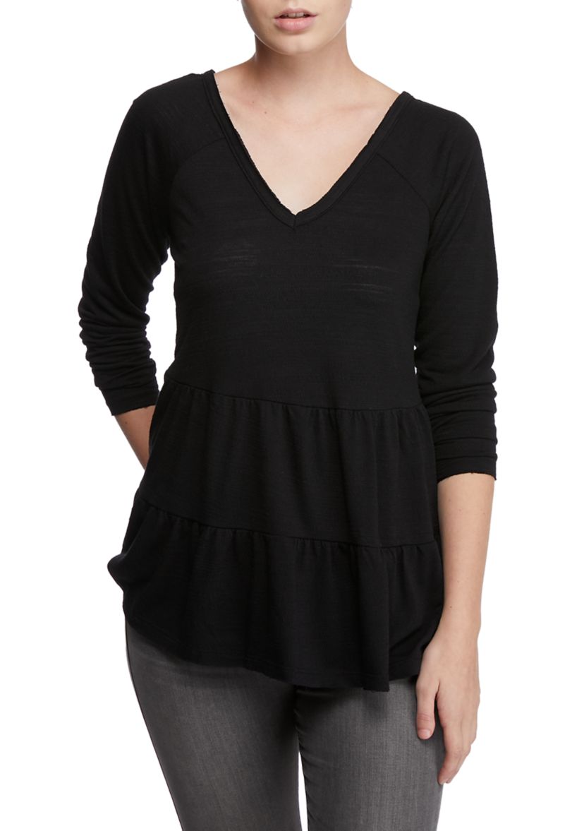 Juniors Long Sleeve V-Neck Tiered Top 