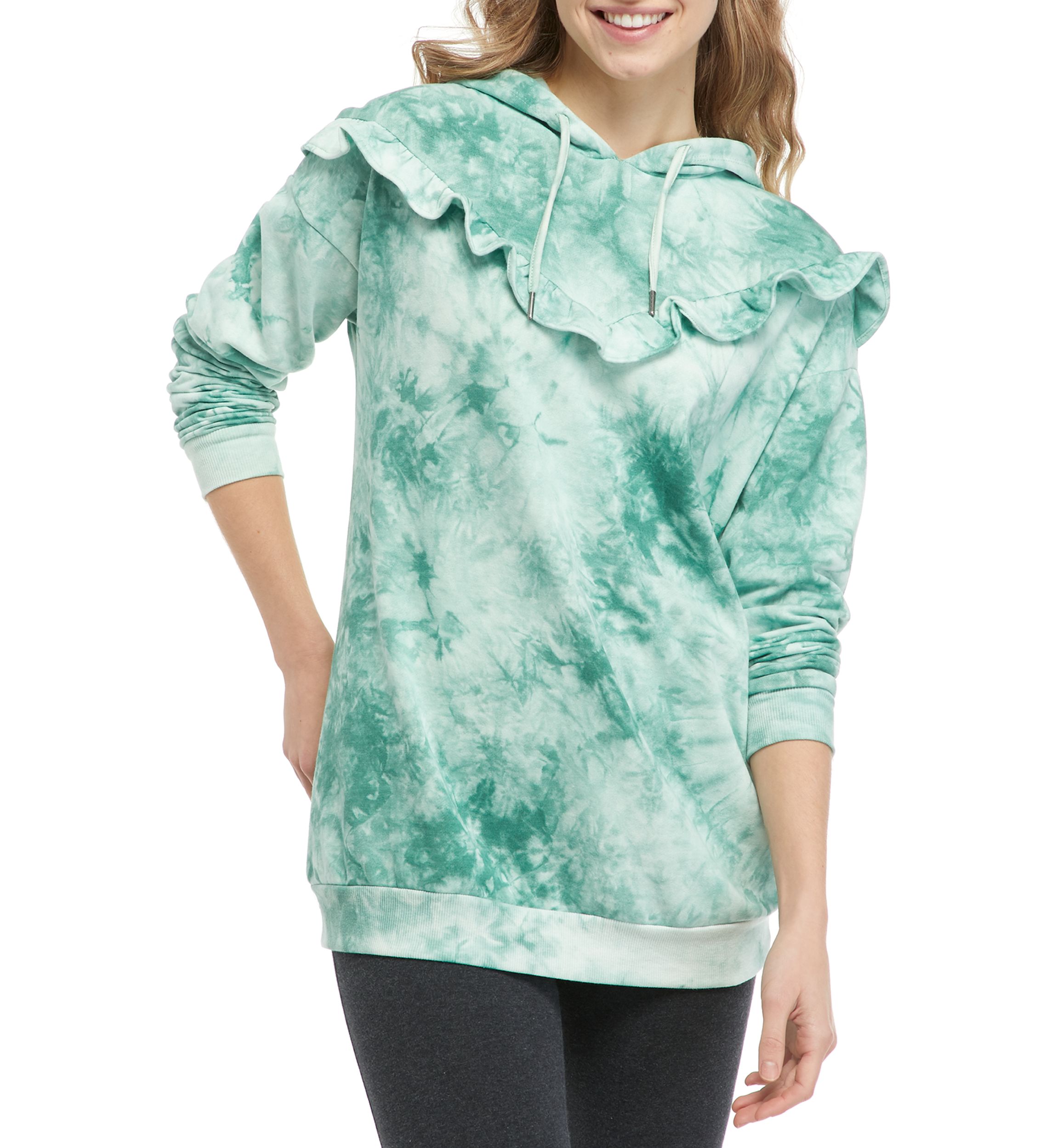 Juniors Long Sleeve Tie Dye Ruffle Yoke Hoodie 