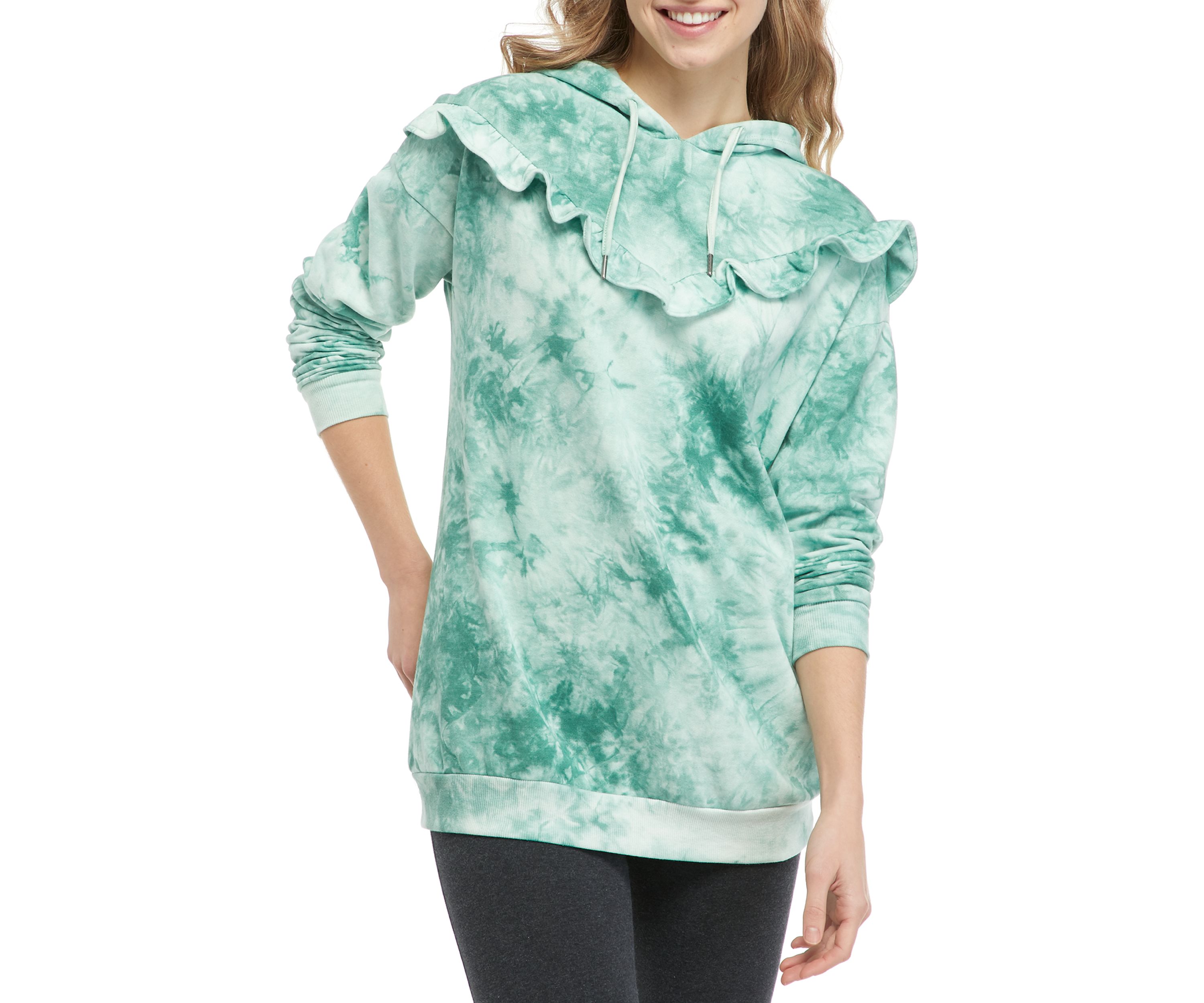 Juniors Long Sleeve Tie Dye Ruffle Yoke Hoodie 