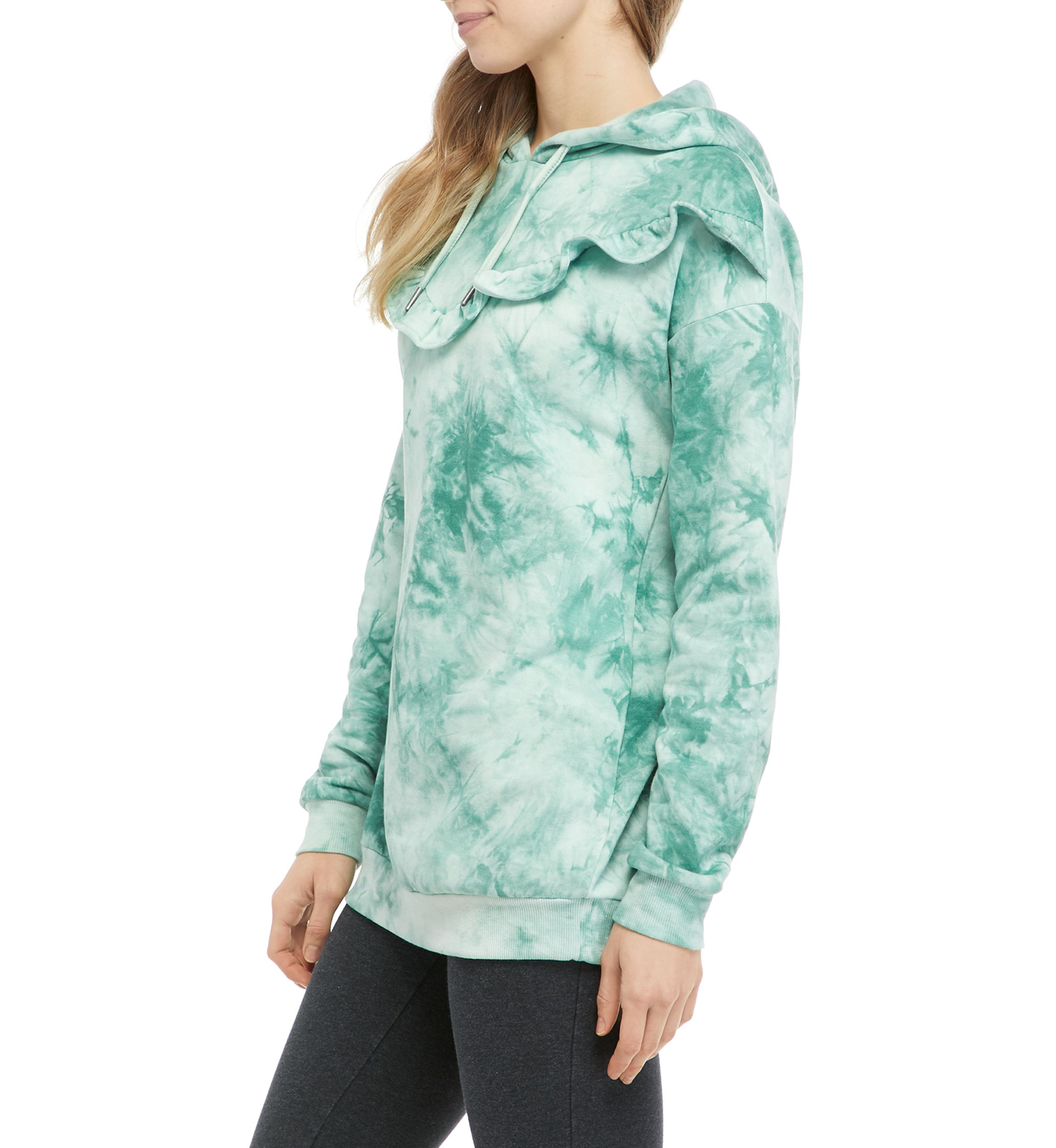 Juniors Long Sleeve Tie Dye Ruffle Yoke Hoodie 