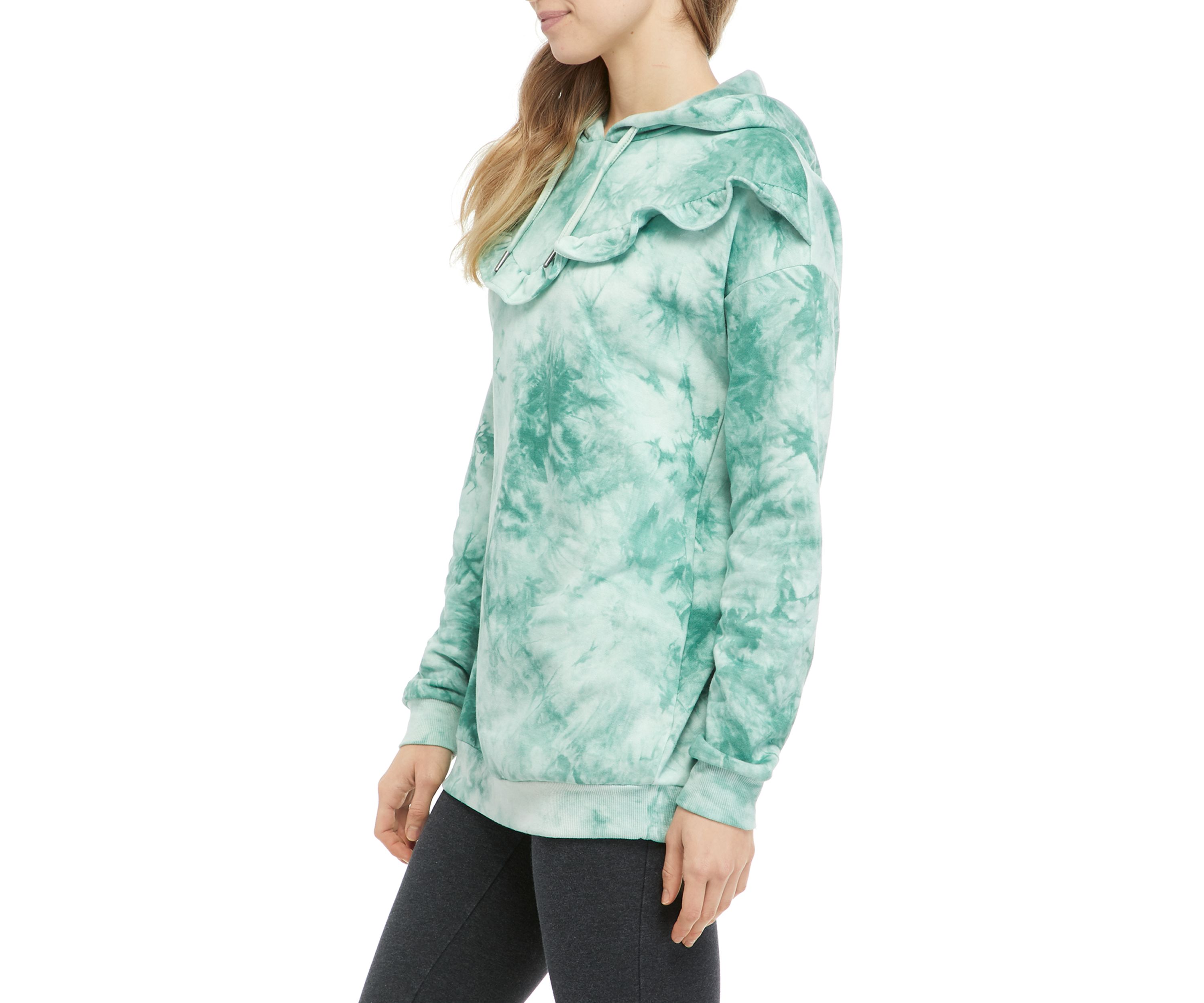 Juniors Long Sleeve Tie Dye Ruffle Yoke Hoodie 