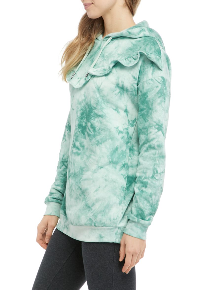 Juniors Long Sleeve Tie Dye Ruffle Yoke Hoodie 