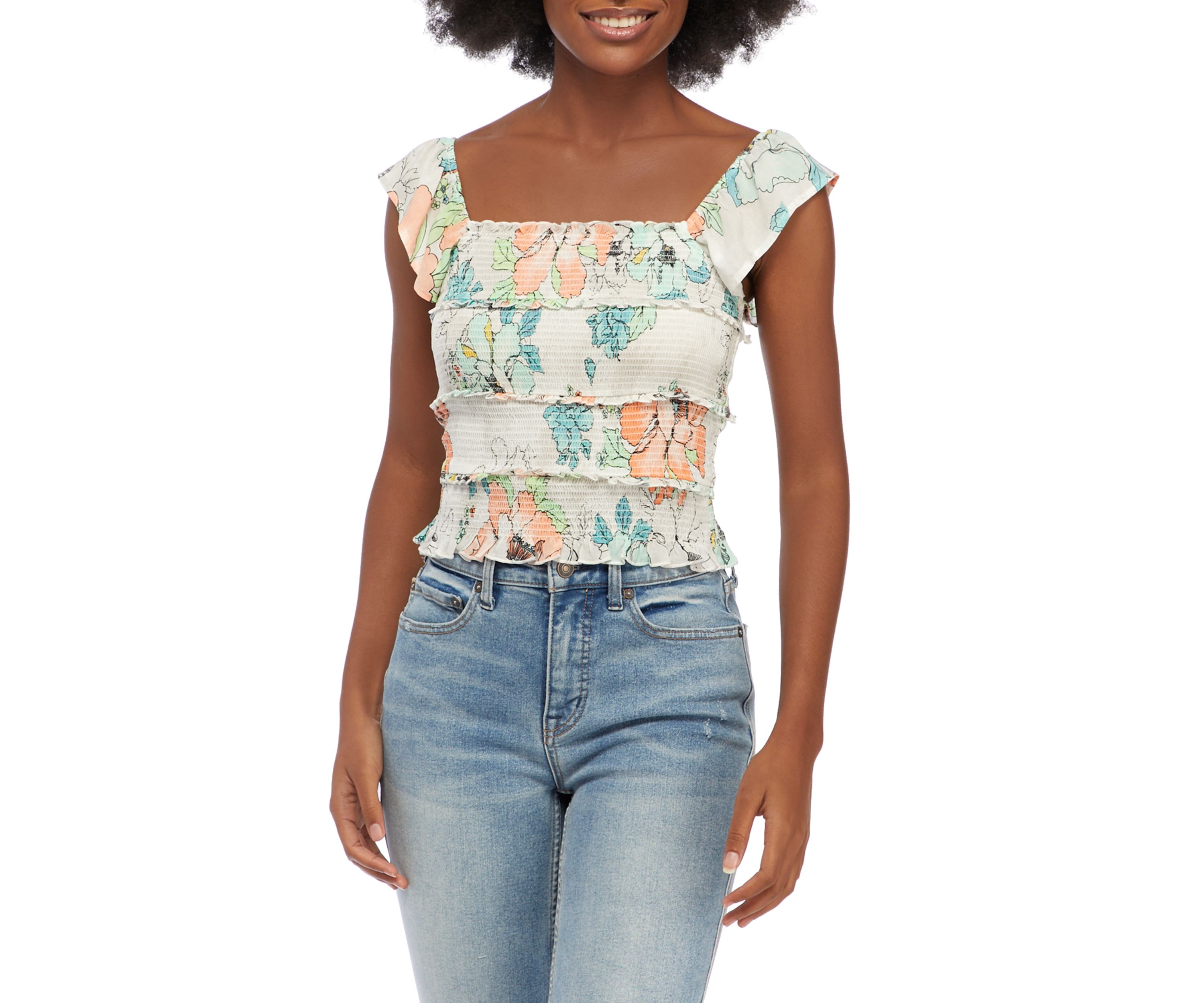 Juniors Flutter Sleeve Floral Smocked Top