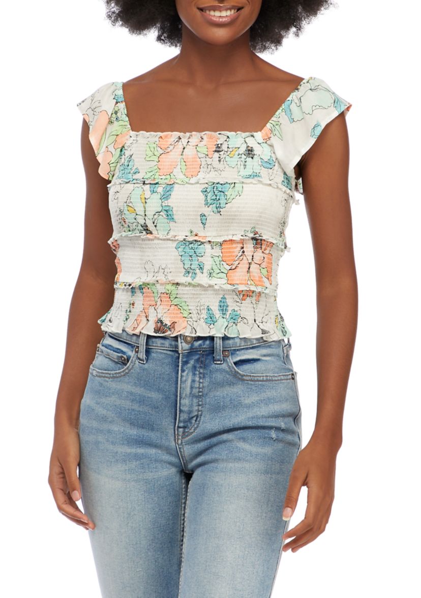 Juniors Flutter Sleeve Floral Smocked Top
